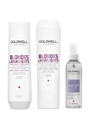 Goldwell Dualsenses Blondes & Highlights Anti-Yellow Shampoo, Conditioner and StyleSign Smooth Weightless Shine Oil Set