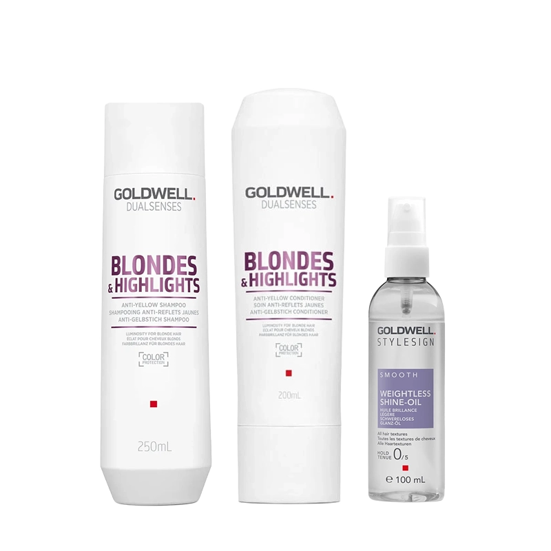 Goldwell Dualsenses Blondes & Highlights Anti-Yellow Shampoo, Conditioner and StyleSign Smooth Weightless Shine Oil Set