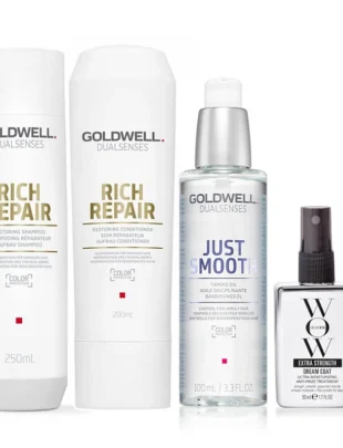 Goldwell Dualsenses Rich Repair Restoring Shampoo & Conditioner And Color Wow Travel Extra Strength Dream Coat