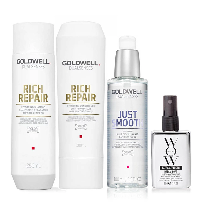 Goldwell Dualsenses Rich Repair Restoring Shampoo & Conditioner And Color Wow Travel Extra Strength Dream Coat